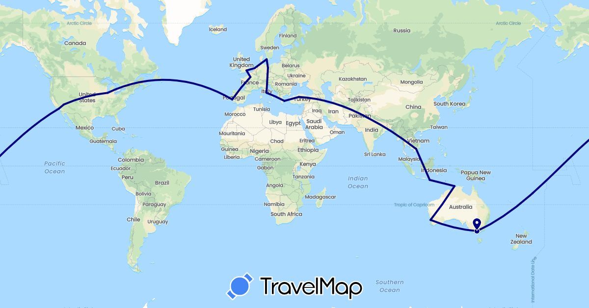 TravelMap itinerary: driving in Australia, Germany, Denmark, Fiji, France, United Kingdom, Greece, Indonesia, India, Italy, Netherlands, Portugal, Turkey, United States, Vietnam (Asia, Europe, North America, Oceania)